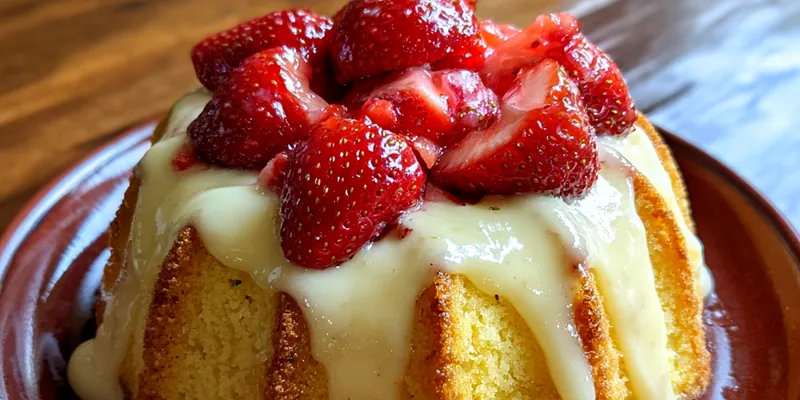 A beautifully arranged Decadent Strawberry Cream Cheese Cake with fresh strawberries on top