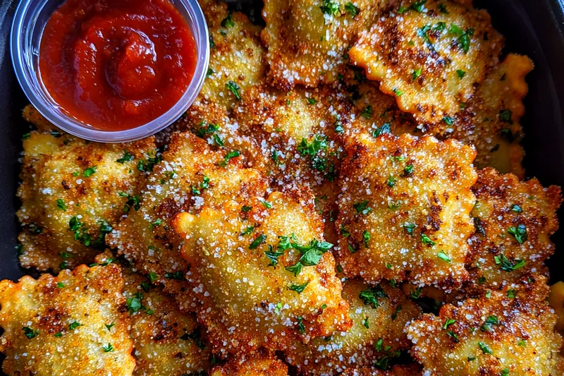 Cooking process demonstrating crispy air-fried ravioli being prepared.