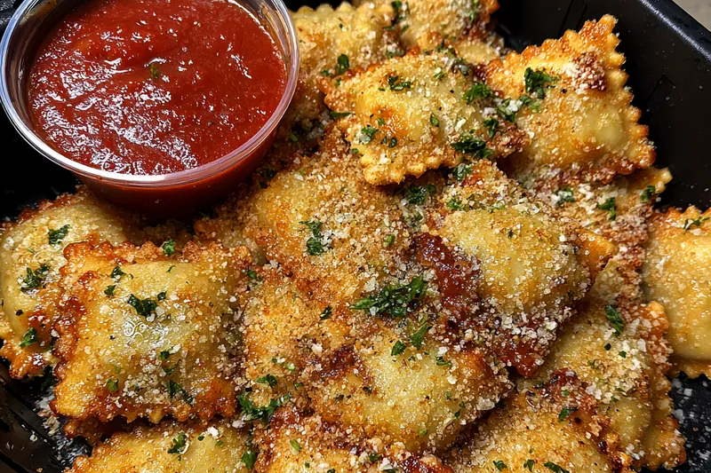 An array of fresh ravioli, breadcrumbs, and seasonings for the recipe.