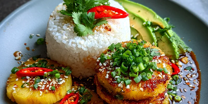 Delicious Tropical Chicken Stack served on a plate