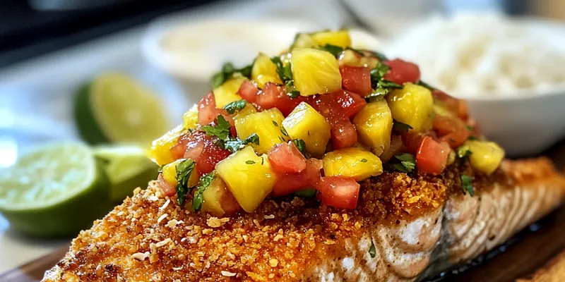 A beautifully plated Coconut Crusted Salmon Delight garnished with cilantro and lime wedges.