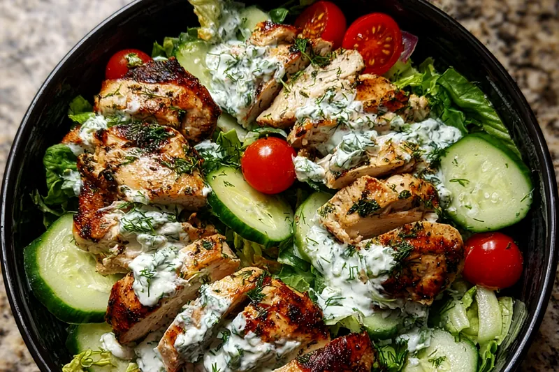 Chef Mitchell stirring the tzatziki sauce and cooking chicken on the stove for Creamy Tzatziki Chicken Delight.