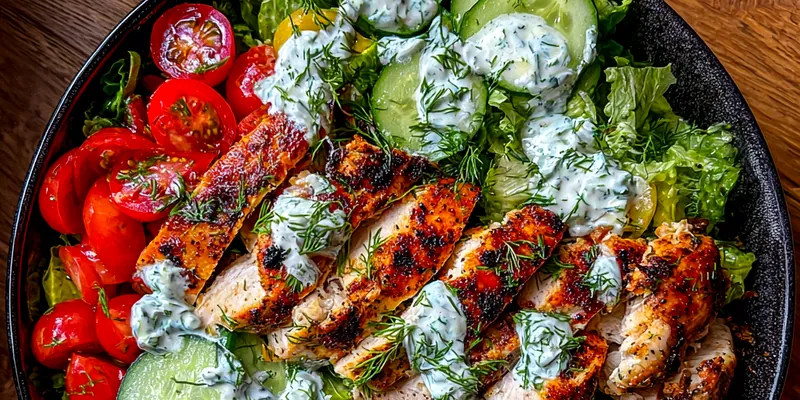 Creamy Tzatziki Chicken Delight served on a white plate with fresh herbs and pita.