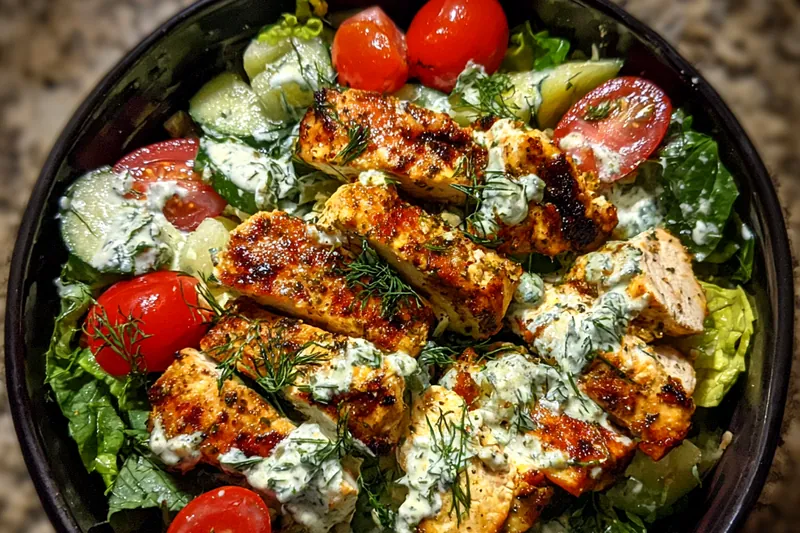A variety of fresh ingredients including chicken, cucumbers, and herbs set up for Creamy Tzatziki Chicken Delight.