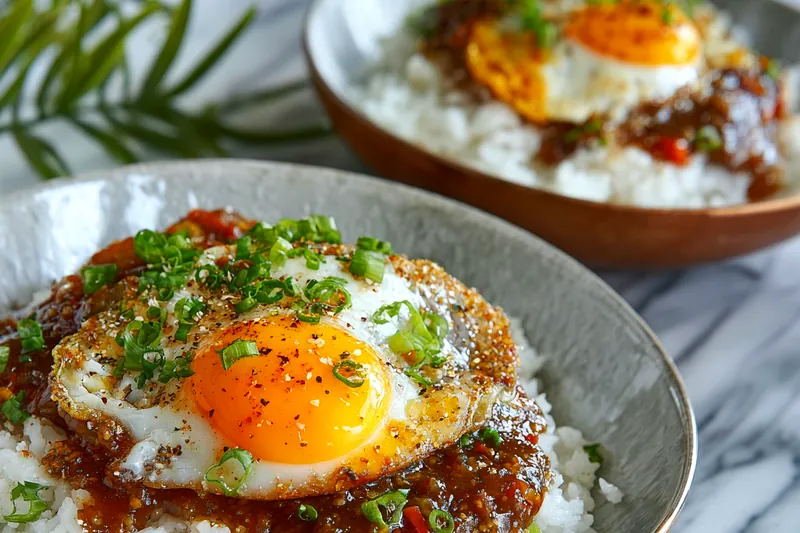 Fresh ingredients for Hawaiian Loco Moco on a kitchen counter