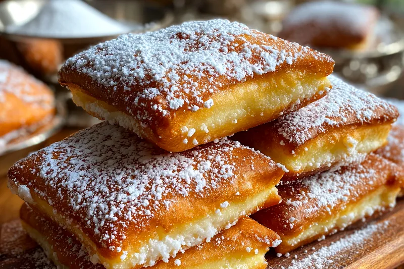 Chef frying beignets in hot oil, showcasing the golden-brown color of perfectly cooked pastries.