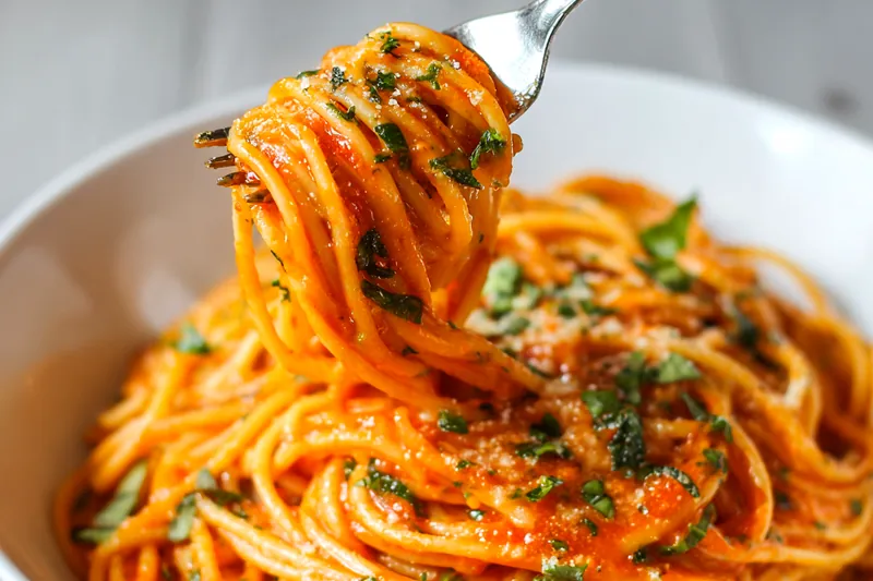 Cooking creamy tomato garlic pasta in a pot