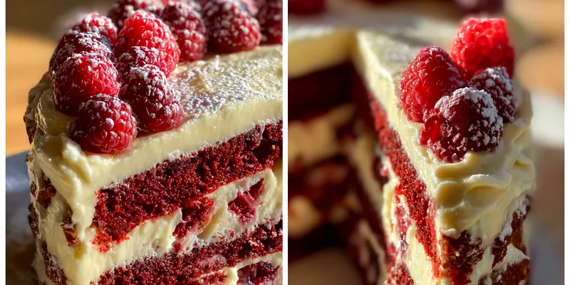 A beautifully layered Decadent Raspberry White Chocolate Cake adorned with fresh raspberries and white chocolate shavings.