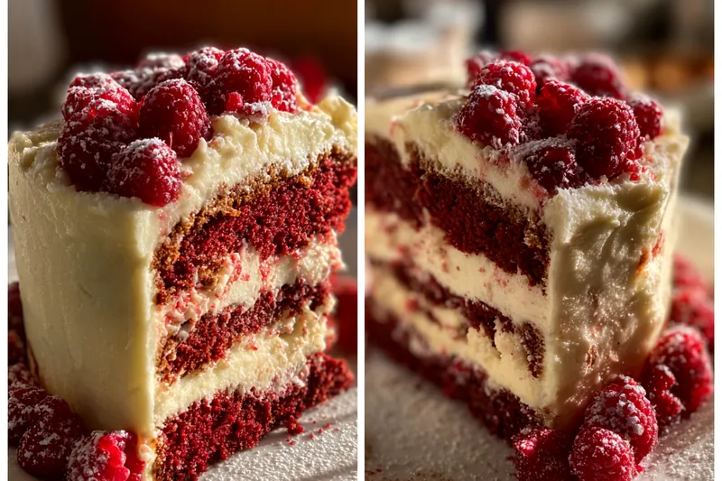 Setup of fresh raspberries, white chocolate chips, and other ingredients for Decadent Raspberry White Chocolate Cake.