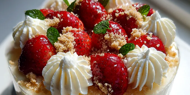 Delicious White Chocolate Strawberry Cheesecake served on a plate