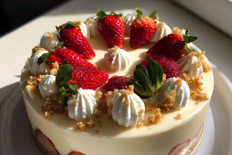 Fresh ingredients for White Chocolate Strawberry Cheesecake