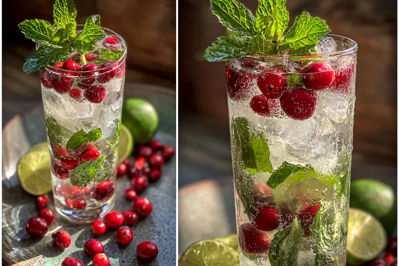 A bartender mixing ingredients for Festive Holiday Mojitos with vibrant colors and fresh garnishes.