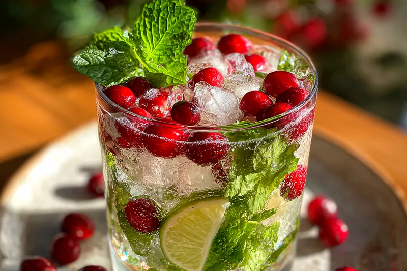 A vibrant display of fresh ingredients for Festive Holiday Mojitos including mint, limes, and rum.