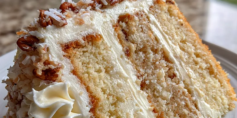 A beautifully layered Decadent White German Cake topped with coconut and pecans, set on a rustic wooden table.