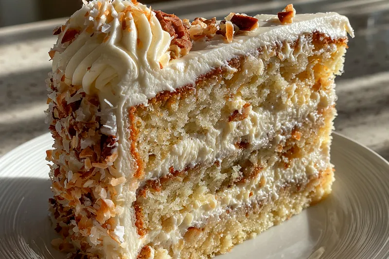 An organized array of ingredients for Decadent White German Cake including flour, sugar, coconut, and pecans.