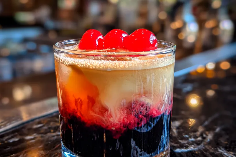 A step-by-step preparation of the Winter Kahlua Cocktail Delight showing mixed ingredients and garnished drinks.