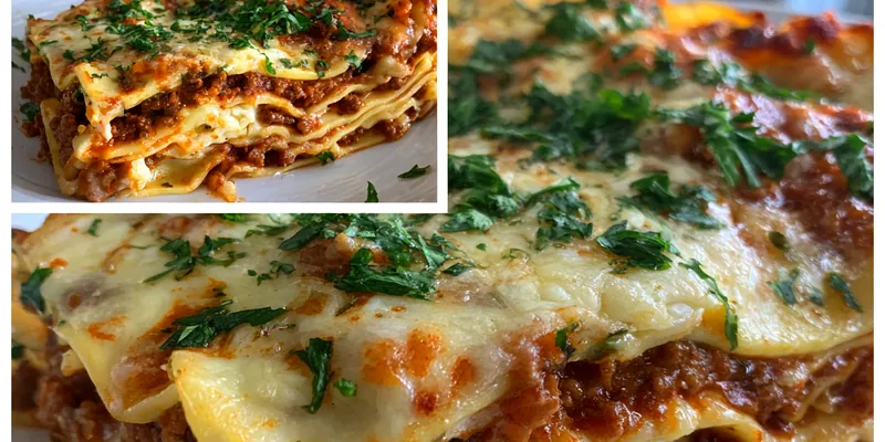 A beautifully layered Classic Hearty Lasagna topped with melted cheese, displayed on a rustic wooden table.