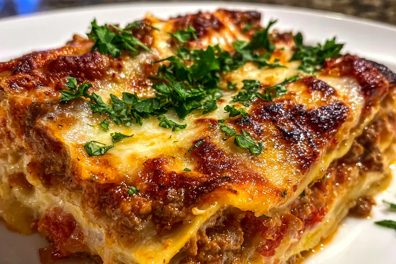 A vibrant display of ingredients for Classic Hearty Lasagna, including fresh tomatoes, ground meat, and cheeses.