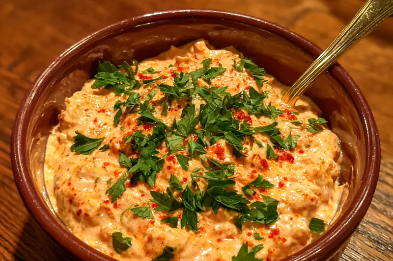 Close-up of fresh ingredients for Homemade Zesty Remoulade, including herbs and spices.