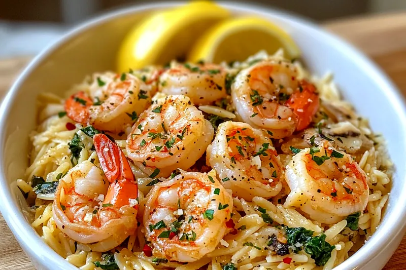 A skillet filled with Zesty Shrimp Orzo Delight being prepared, showcasing the vibrant colors of shrimp, vegetables, and orzo.