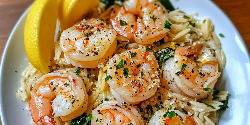 A colorful plate of Zesty Shrimp Orzo Delight with shrimp, vegetables, and herbs