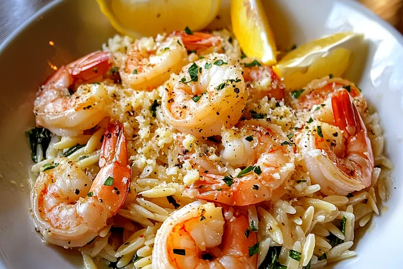A beautifully arranged display of ingredients for Zesty Shrimp Orzo Delight, including fresh shrimp, orzo, and colorful vegetables.